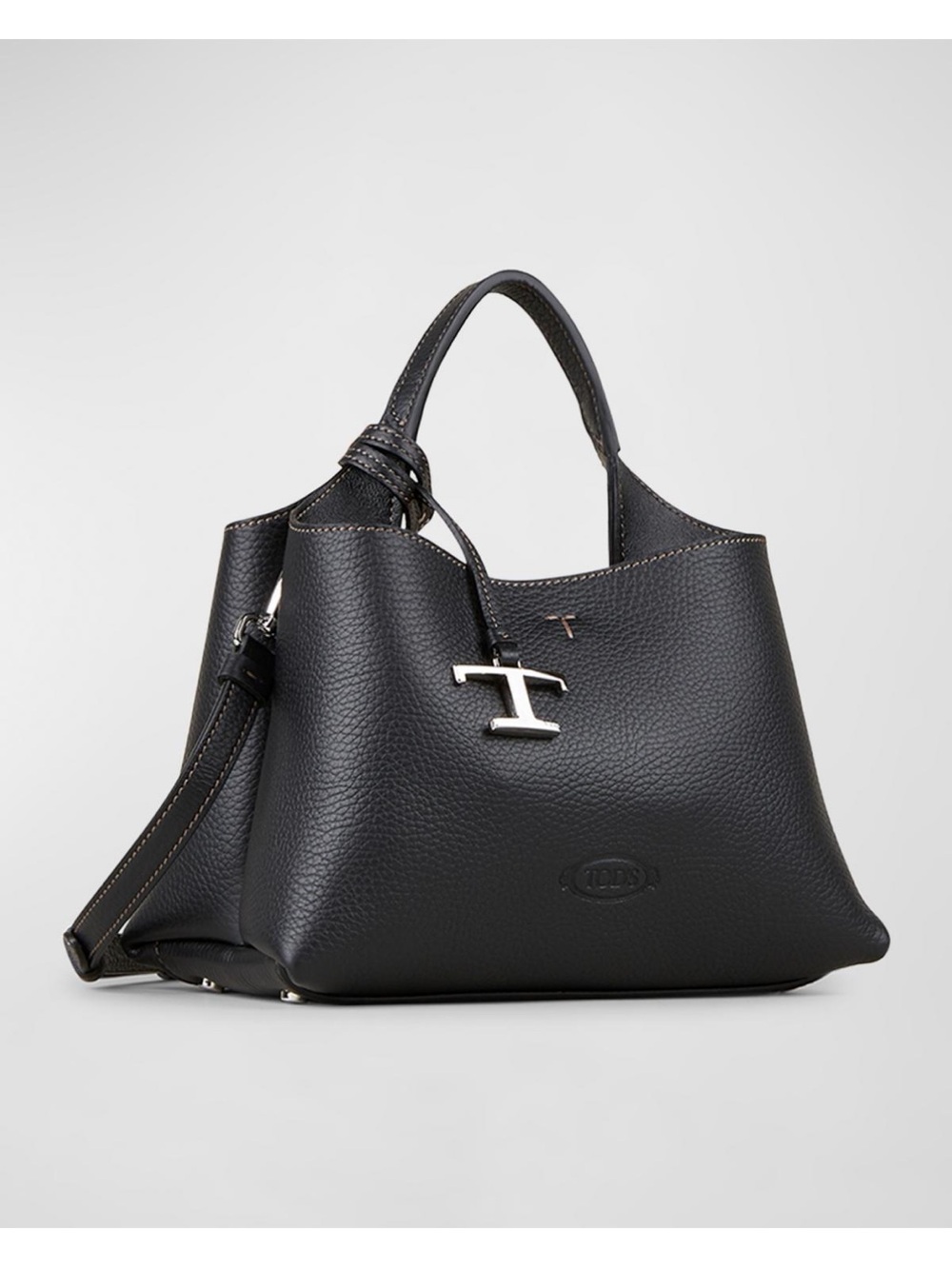 Tod's Black Pebbled Leather Shoulder Bag with Silver-Tone 'T' Charm